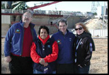 (Sep 29) At edge of Soyuz flame pit an hour after booster installation on the launch pad, two days prior to blastoff. L-R: Jim, Jo Dominguez, Doug Grimes (MirCorp Travel), Alicia Stevens (Discovery Tours, AMNH)
